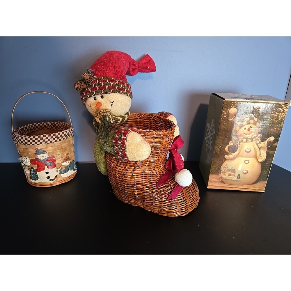 Adorable Happy Snowman Holding/Attached to Wicker Boot Basket Kirkland Snowmanβ